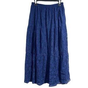Blue lace skirt vintage midi size 12 lined royal blue floral lace